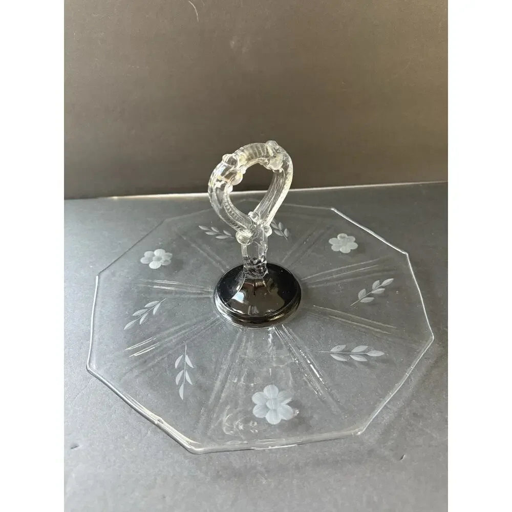 Vintage Tidbit Sandwhich Tray Etched Charcuterie Glass Clear MCM Deco Cottage